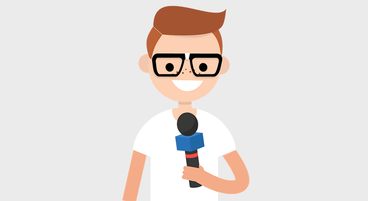 Illustration of a character talking with a microphone