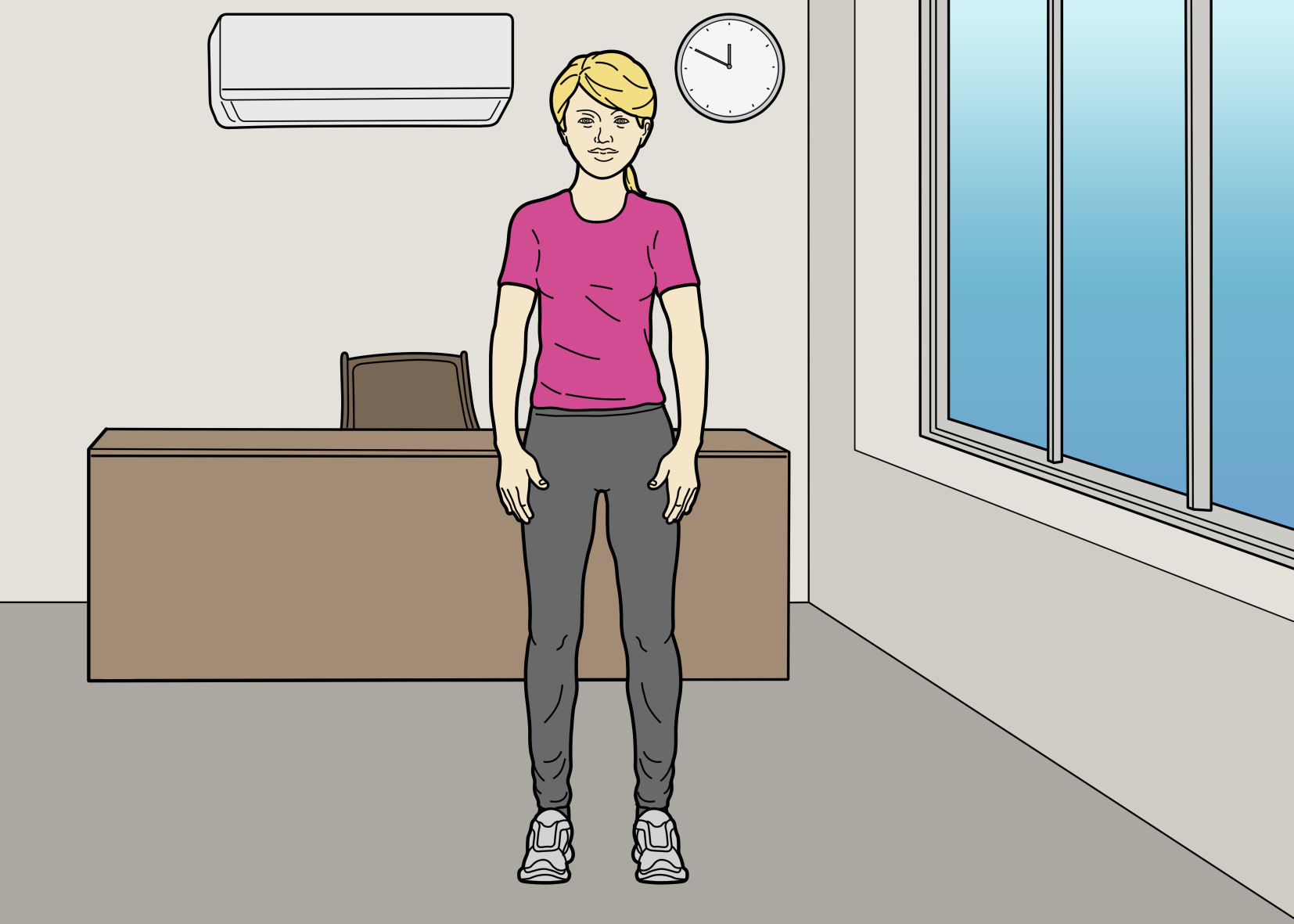 A person standing still next to an air-conditioner.