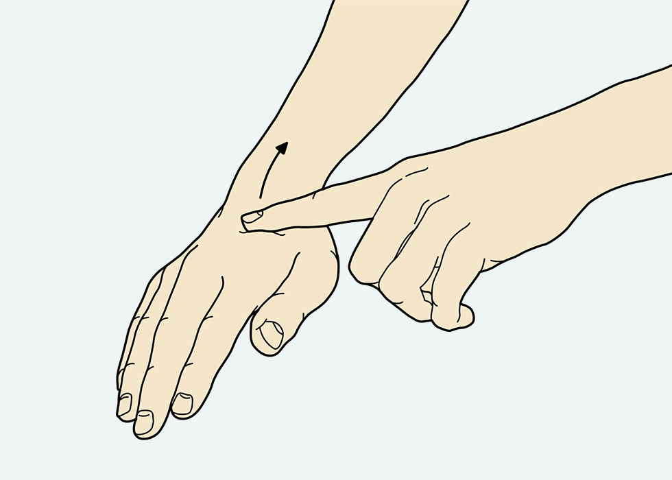 Person stroking the back of their hand with one finger.