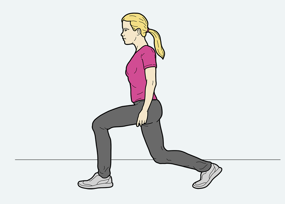 Person putting their left leg forward and right foot back and squatting slightly into a lunge.