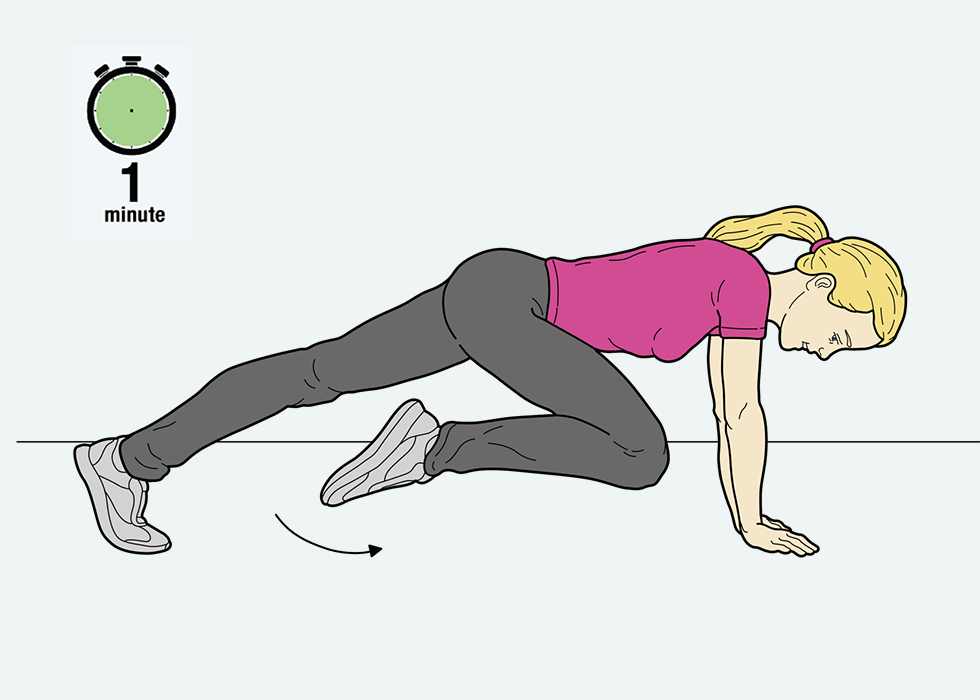 Person in plank position pulling one leg forward.