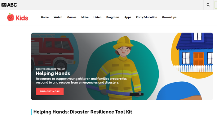 ABC kids homepage and a top banner containing a link to Helping Hands resources and illustrations of a firefighter,a home and a fire truck