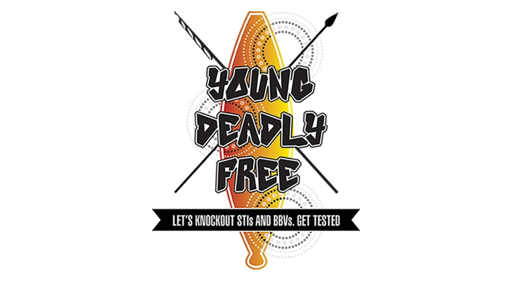 image with illustration of a shield and weapons with title Young Deadly Free - Let's knockout STIs and BBVs. Get tested.
